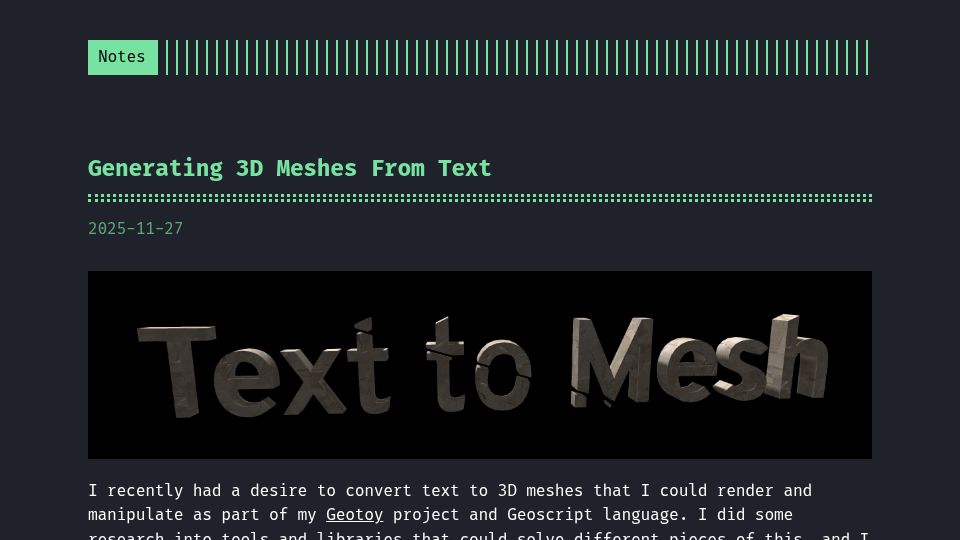 Screenshot of cprimozic.net: Generating 3D Meshes from Text