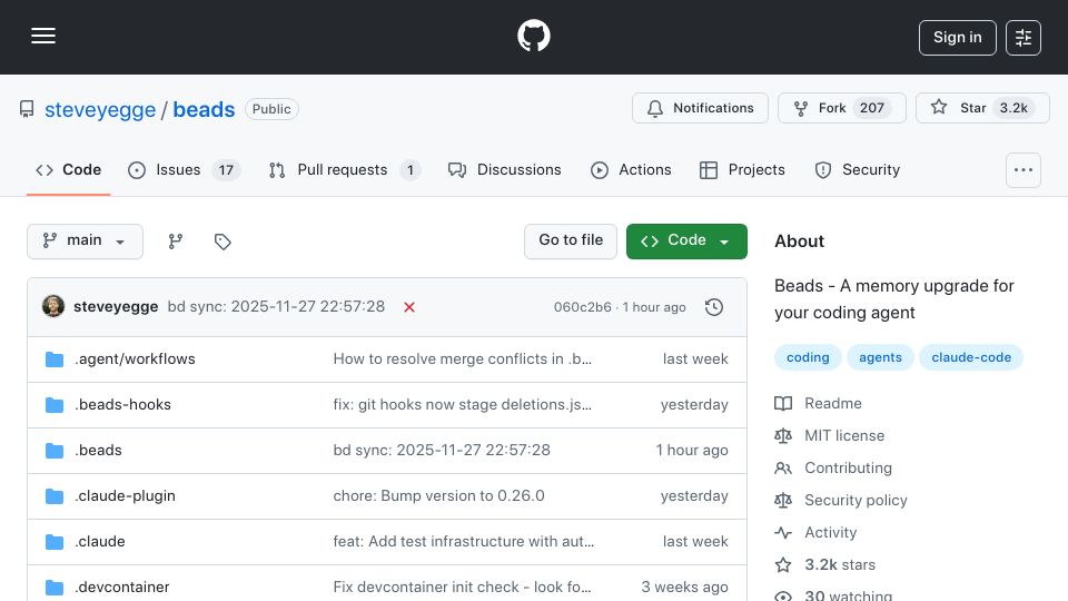 Screenshot of github.com: Beads – A memory upgrade for your coding agent
