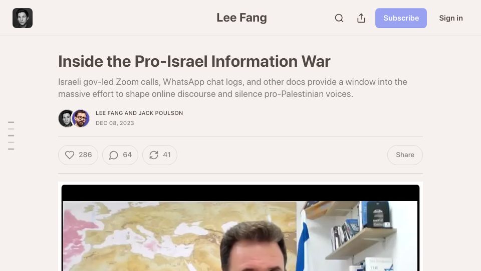 Screenshot of leefang.com: The Pro-Israel Information War