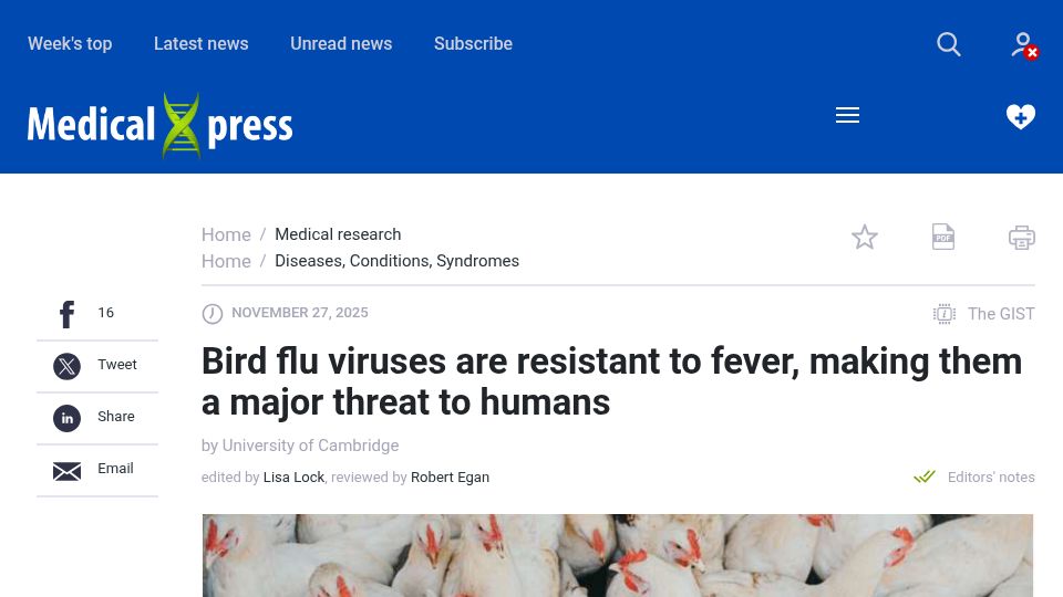 Screenshot of medicalxpress.com: Bird flu viruses are resistant to fever, making them a major threat to humans