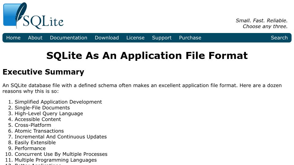 Screenshot of sqlite.org: SQLite as an Application File Format