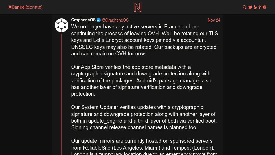 Screenshot of xcancel.com: GrapheneOS Moving Out of France