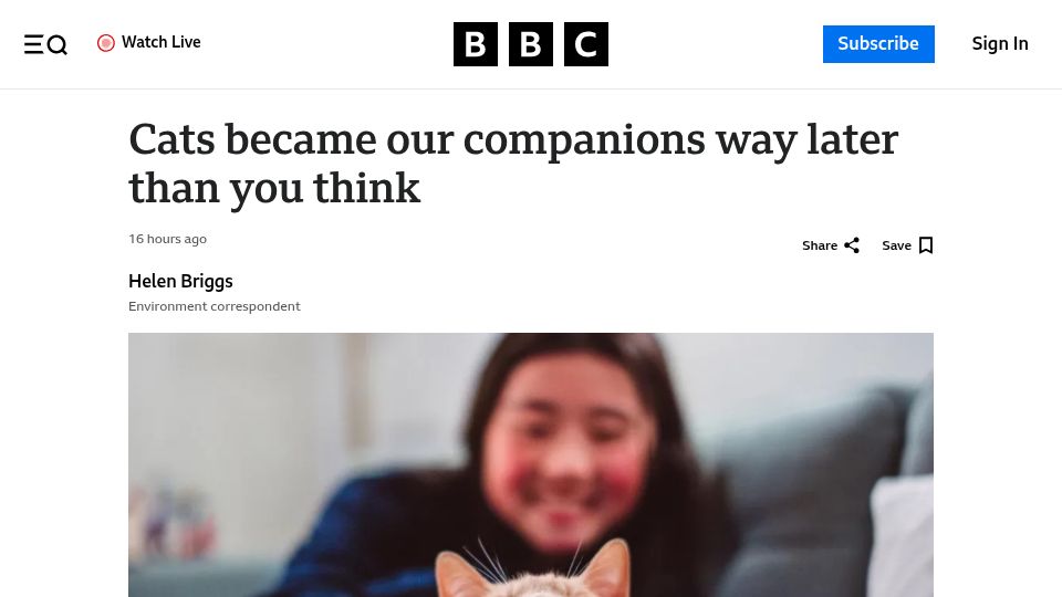 Screenshot of bbc.co.uk: Cats became our companions way later than you think