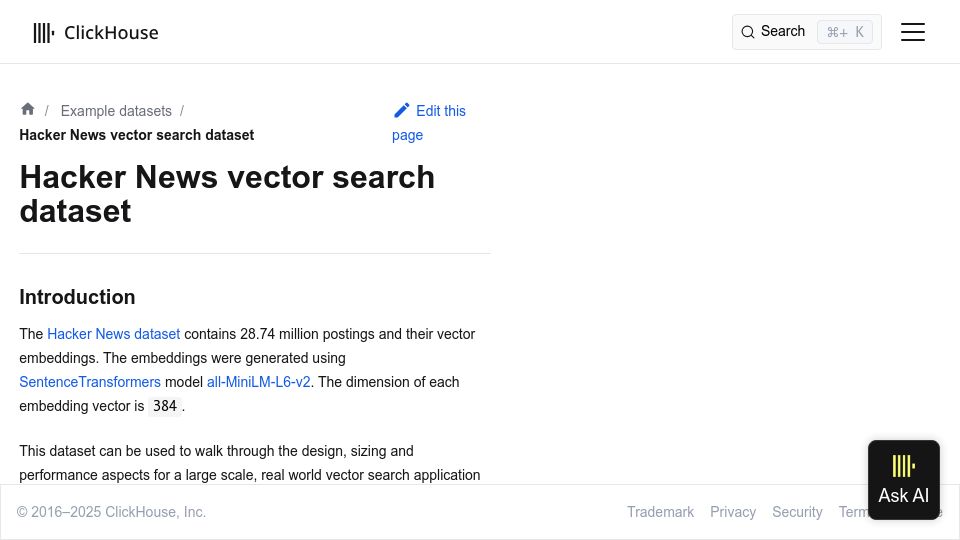 Screenshot of clickhouse.com: 28M Hacker News comments as vector embedding search dataset