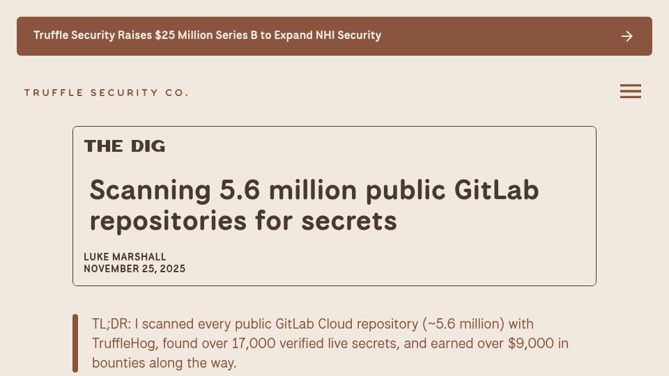 Screenshot of trufflesecurity.com: GitLab scan finds 17,000 secrets in public repos, leading to $9000+ in bounties