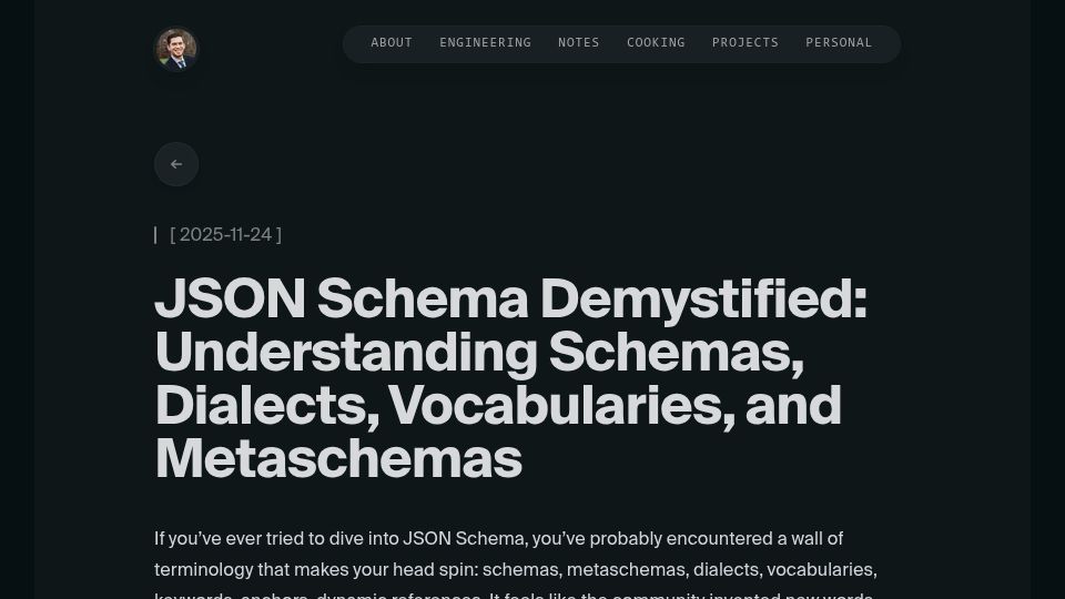 Screenshot of iankduncan.com: JSON Schema Demystified: Dialects, Vocabularies and Metaschemas