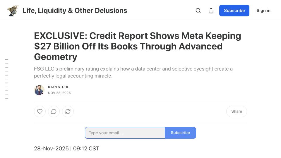 Screenshot of stohl.substack.com: Credit report shows Meta keeping $27B off its books through advanced geometry