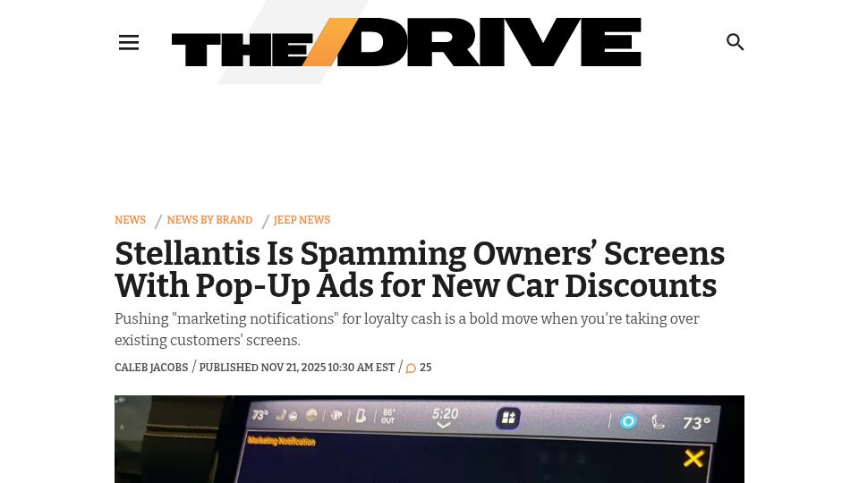 Screenshot of thedrive.com: Stellantis Is Spamming Owners' Screens with Pop-Up Ads for New Car Discounts