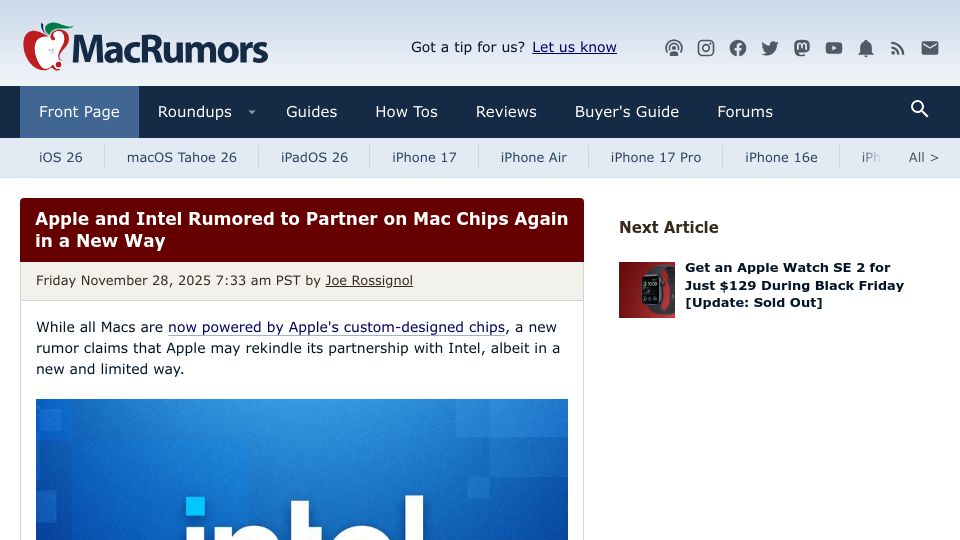 Screenshot of macrumors.com: Apple and Intel Rumored to Partner on Mac Chips