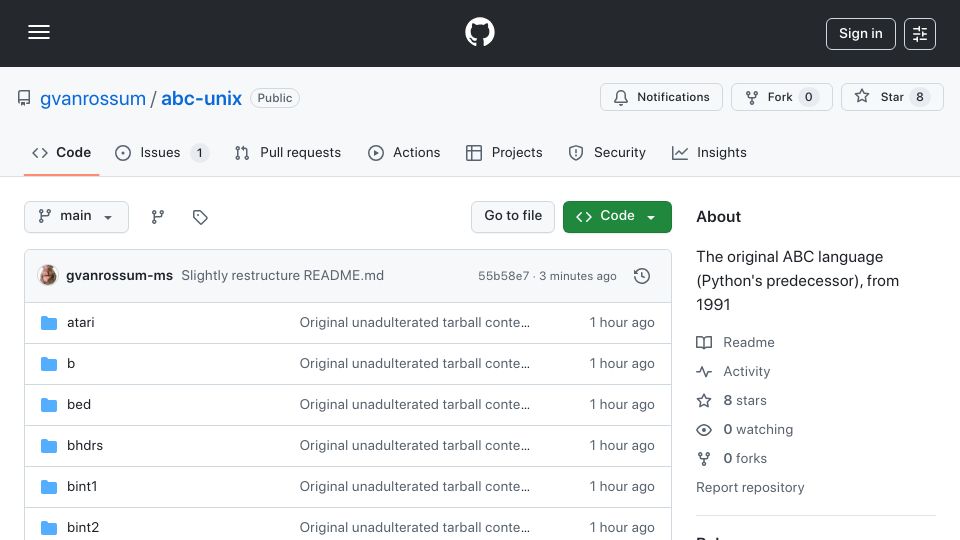 Screenshot of github.com: The original ABC language, Python's predecessor (1991)