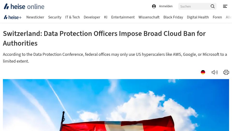 Screenshot of heise.de: Switzerland: Data Protection Officers Impose Broad Cloud Ban for Authorities