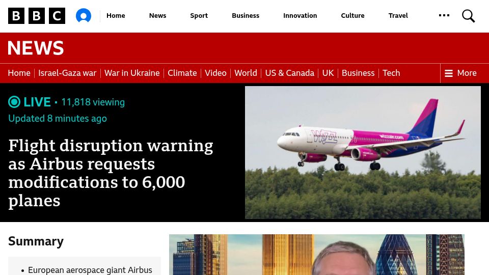 Screenshot of bbc.com: Flight disruption warning as Airbus requests modifications to 6k planes