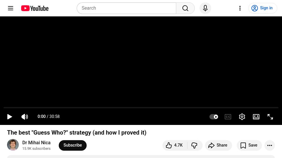 Screenshot of youtube.com: I mathematically proved the best "Guess Who?" strategy [video]