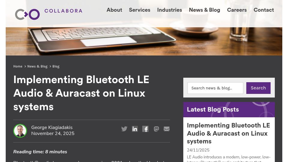 Screenshot of collabora.com: Implementing Bluetooth LE Audio and Auracast on Linux Systems