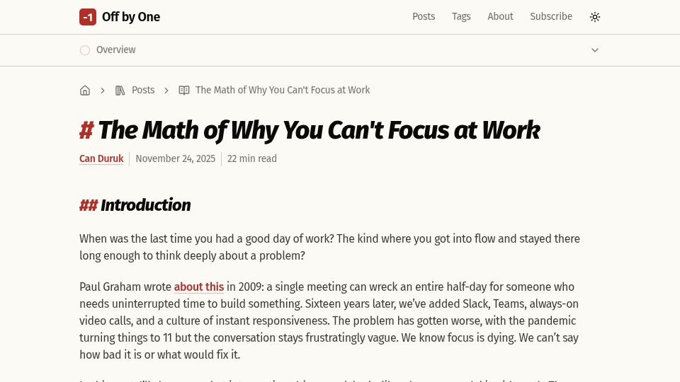 Screenshot of justoffbyone.com: The Math of Why You Can't Focus at Work