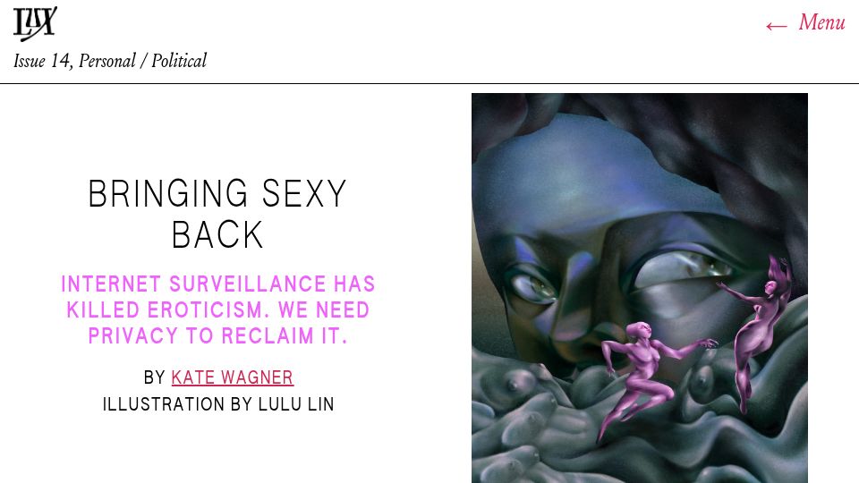 Screenshot of lux-magazine.com: Bringing Sexy Back. Internet surveillance has killed eroticism
