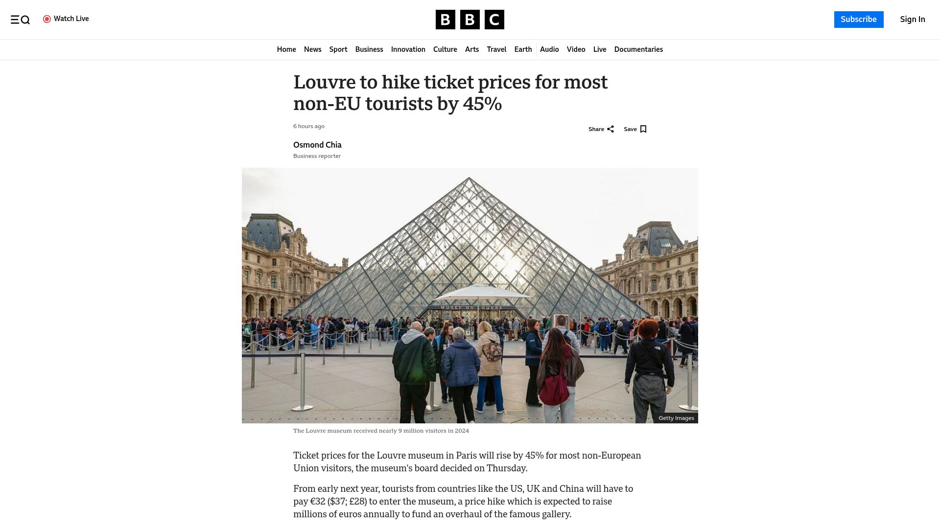 Screenshot of bbc.com: Louvre to hike ticket prices for most non-EU tourists by 45%