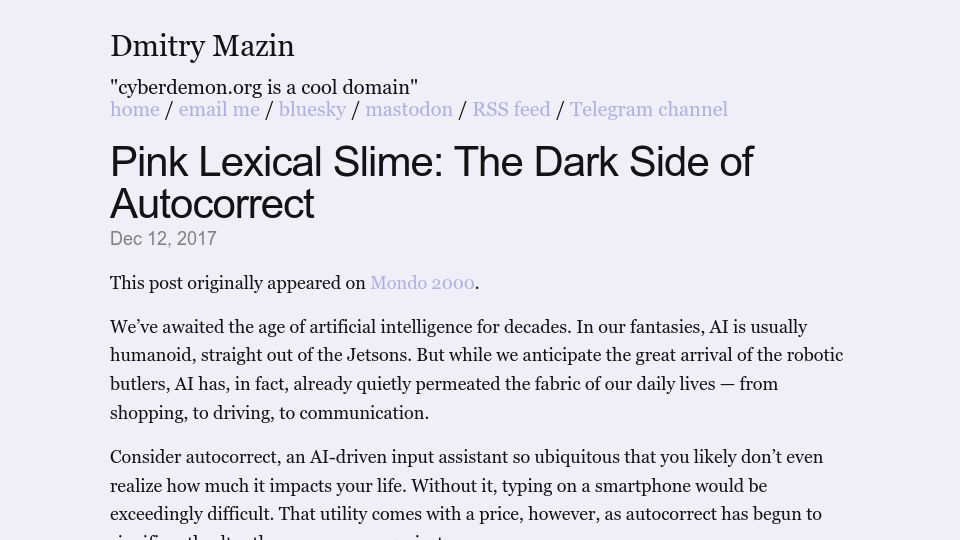 Screenshot of cyberdemon.org: Pink Lexical Slime: The Dark Side of Autocorrect (2017)