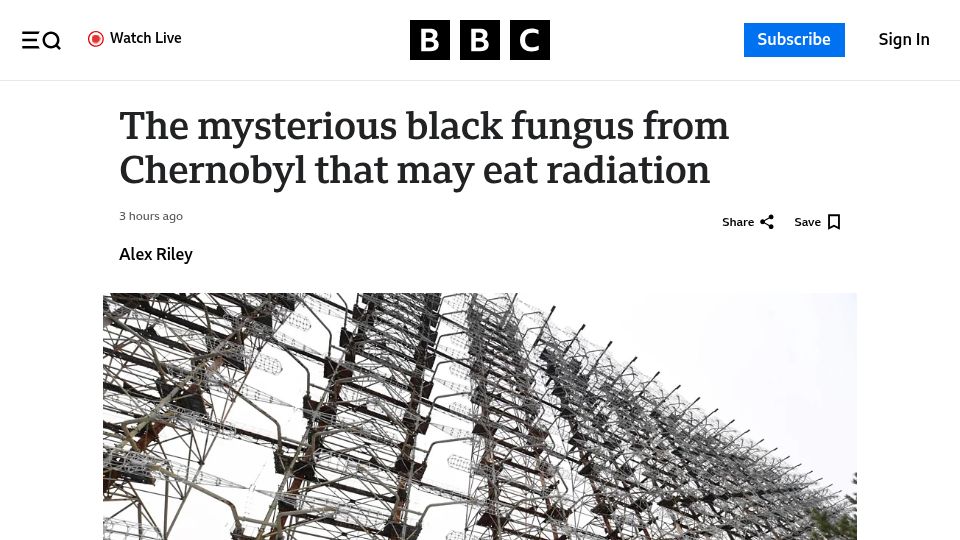 Screenshot of bbc.com: The mysterious black fungus from Chernobyl that may eat radiation