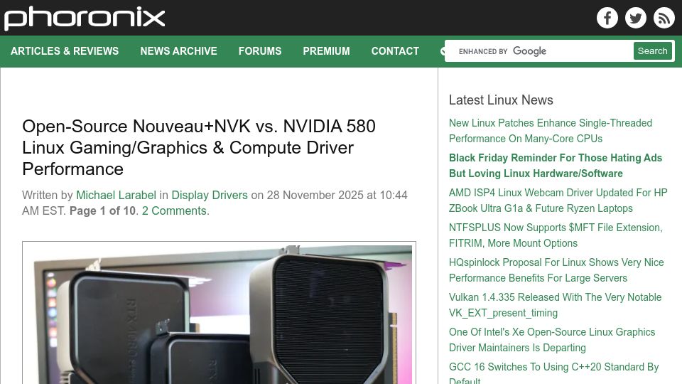 Screenshot of phoronix.com: Open-Source Nouveau+NVK vs. Nvidia 580 Linux Gaming&Compute Driver Performance