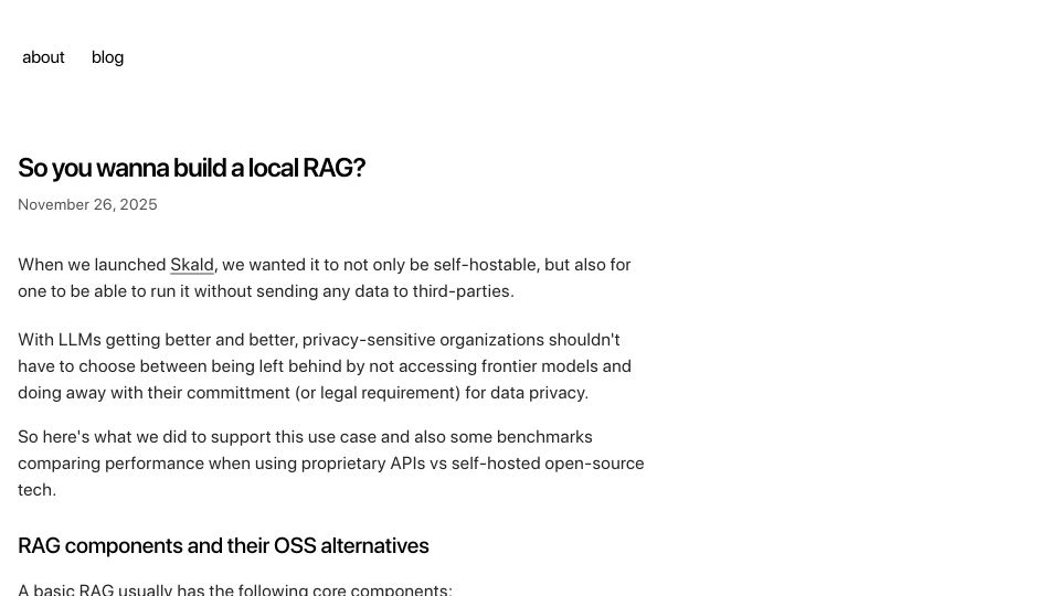 Screenshot of blog.yakkomajuri.com: So you wanna build a local RAG?