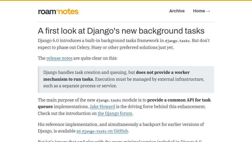 Screenshot of roam.be: A first look at Django's new background tasks