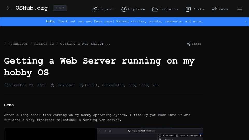 Screenshot of oshub.org: C++ Web Server on my custom hobby OS