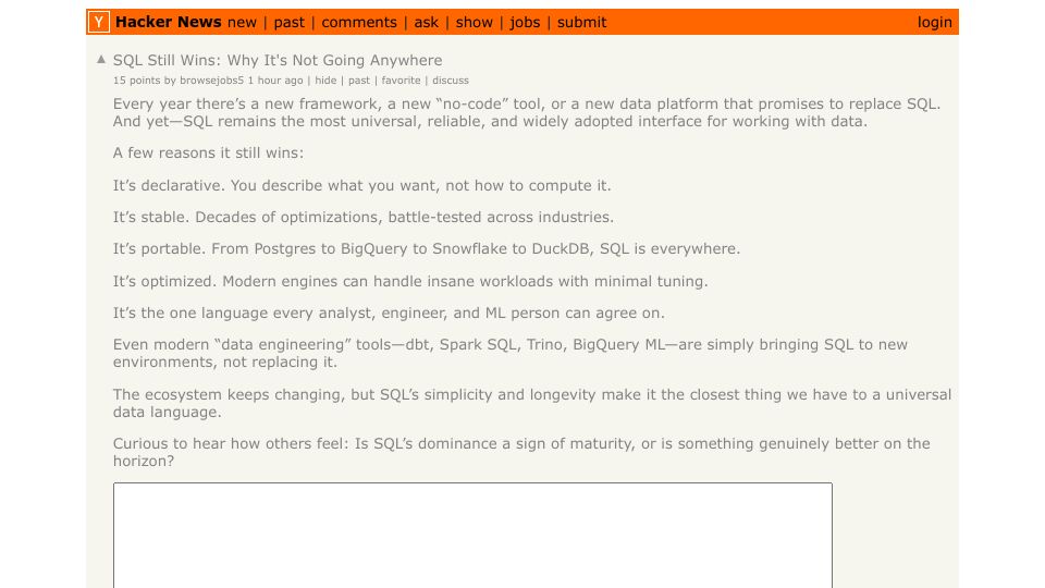 Screenshot of Hacker News post: SQL Still Wins: Why It's Not Going Anywhere