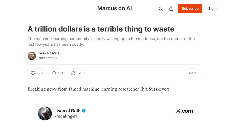 Screenshot of garymarcus.substack.com: A trillion dollars (potentially) wasted on gen-AI