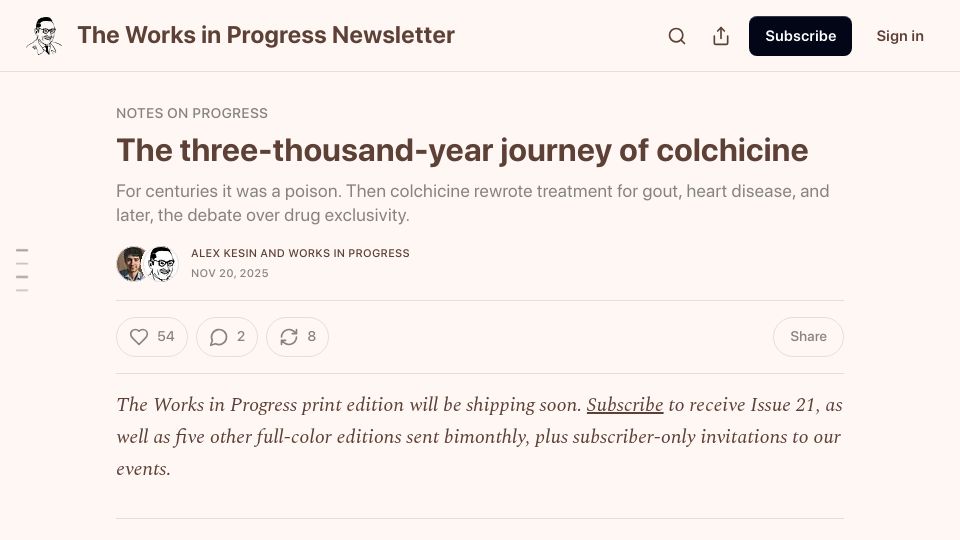Screenshot of worksinprogress.news: The three thousand year journey of colchicine