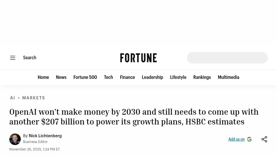 Screenshot of fortune.com: OpenAI won't make money by 2030 and needs another $207B, HSBC estimates
