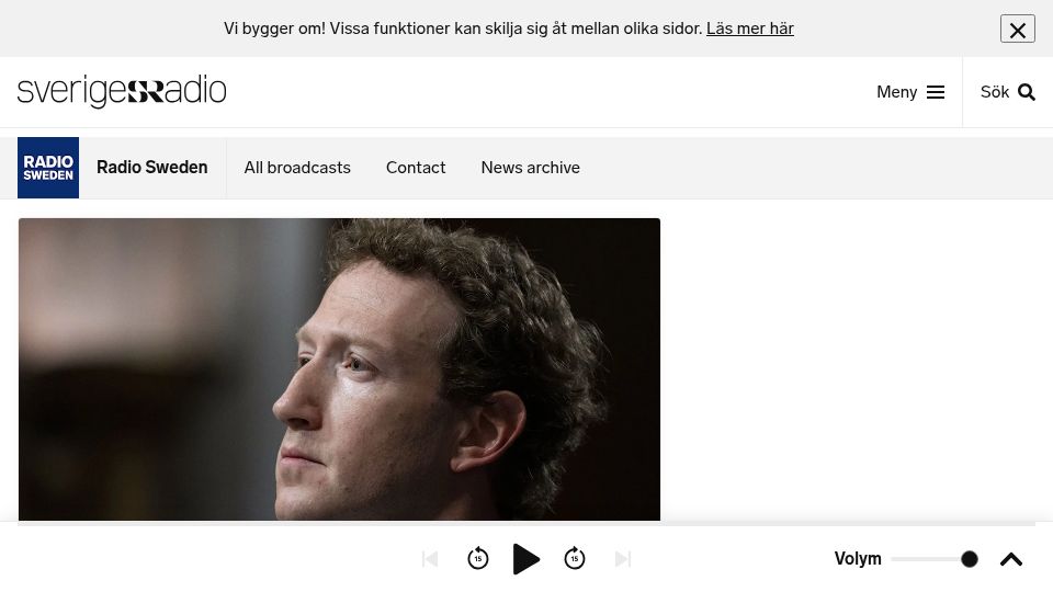 Screenshot of sverigesradio.se: Swedish publishers file police report against Meta's Zuckerberg for fraud