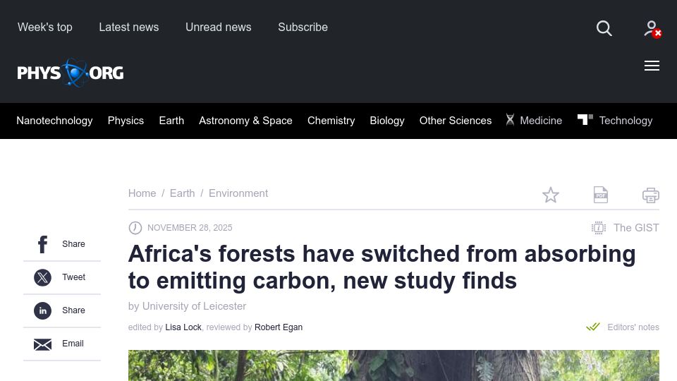 Screenshot of phys.org: Africa's forests have switched from absorbing to emitting carbon