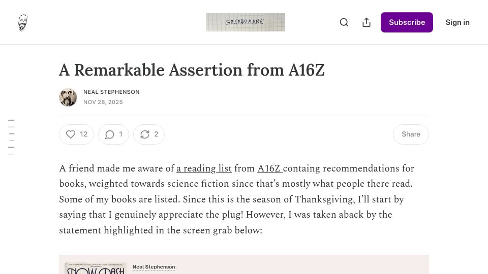 Screenshot of nealstephenson.substack.com: A Remarkable Assertion from A16Z