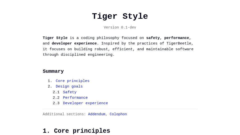 Screenshot of tigerstyle.dev: Tiger Style: Coding philosophy (2024)