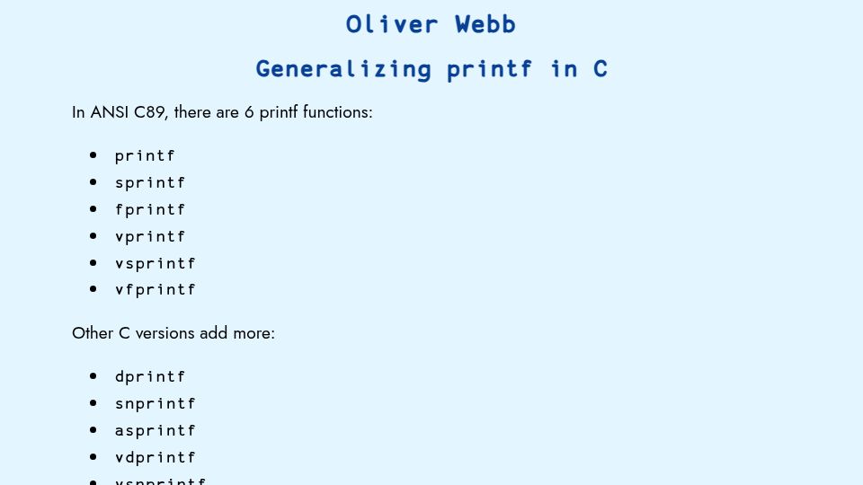 Screenshot of webb.is-a.dev: Generalizing Printf in C