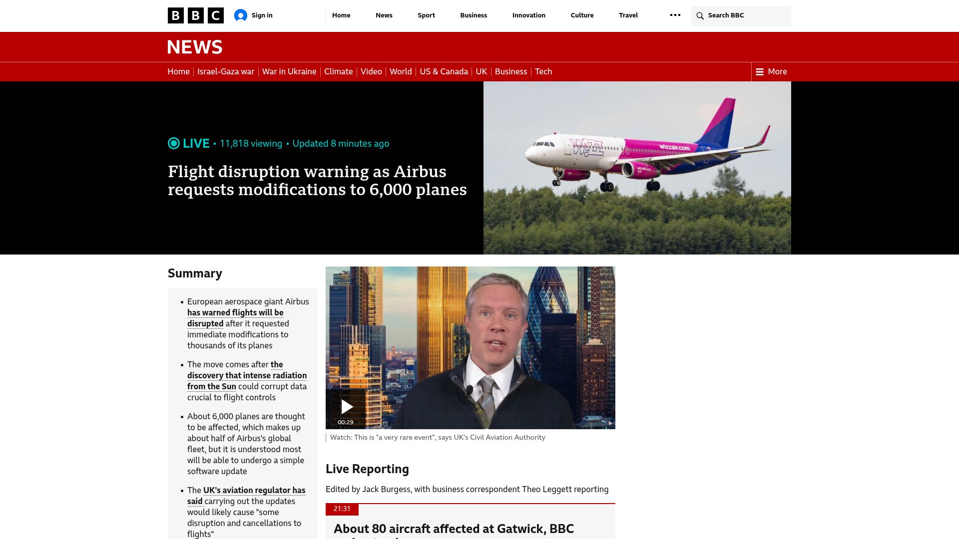 Screenshot of bbc.com: Flight disruption warning as Airbus requests modifications to 6k planes