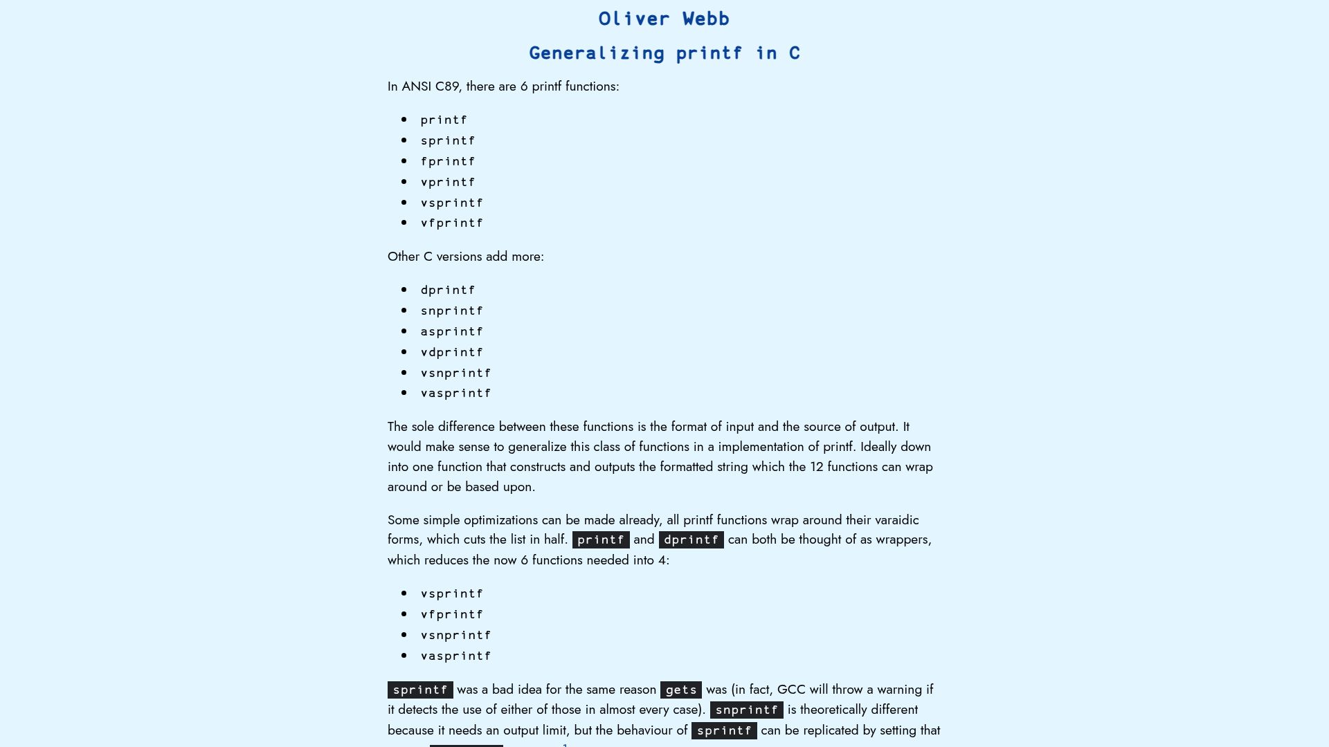Screenshot of webb.is-a.dev: Generalizing Printf in C