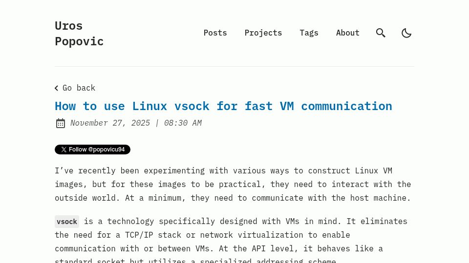 Screenshot of popovicu.com: How to use Linux vsock for fast VM communication