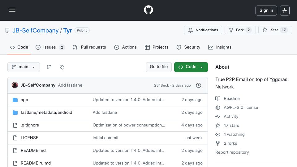 Screenshot of github.com: True P2P Email on Top of Yggdrasil Network