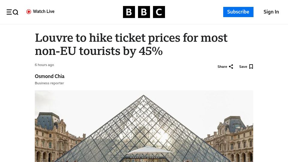 Screenshot of bbc.com: Louvre to hike ticket prices for most non-EU tourists by 45%