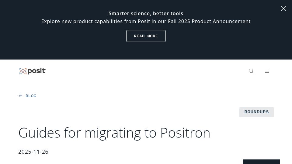 Screenshot of posit.co: Migrating to Positron, a next-generation data science IDE for Python and R