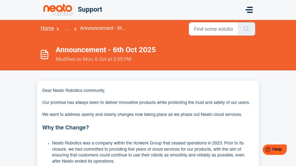 Screenshot of support.neatorobotics.com: Neato vacuum robots to stop working