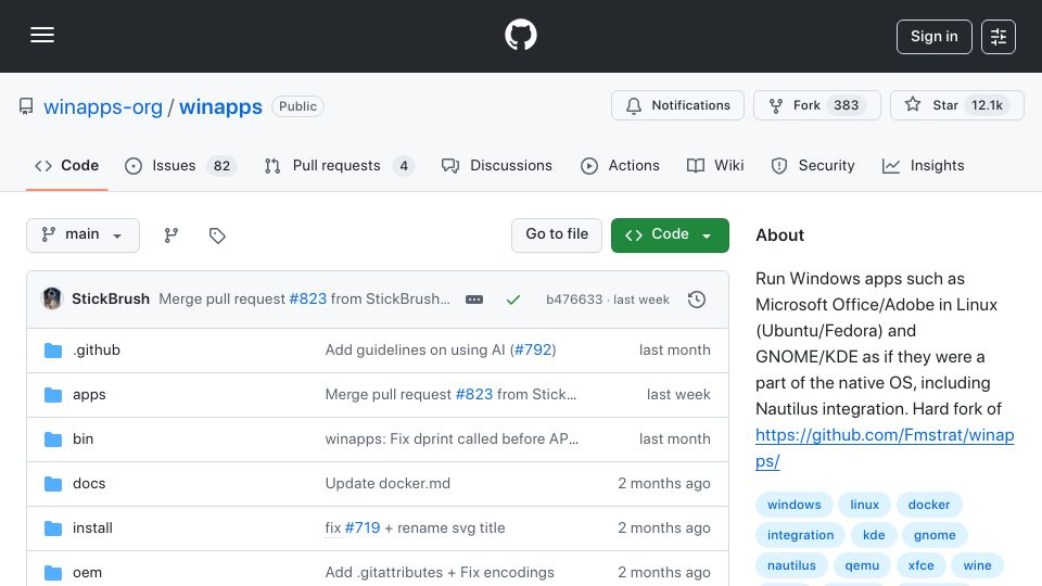 Screenshot of github.com: WinApps: Run Windows apps as if they were a part of the native Linux OS