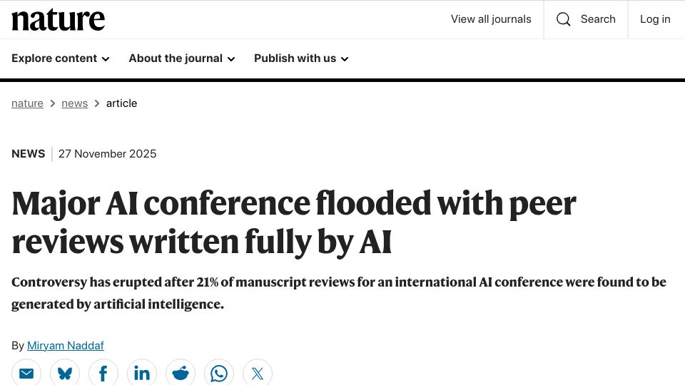 Screenshot of nature.com: Major AI conference flooded with peer reviews written by AI