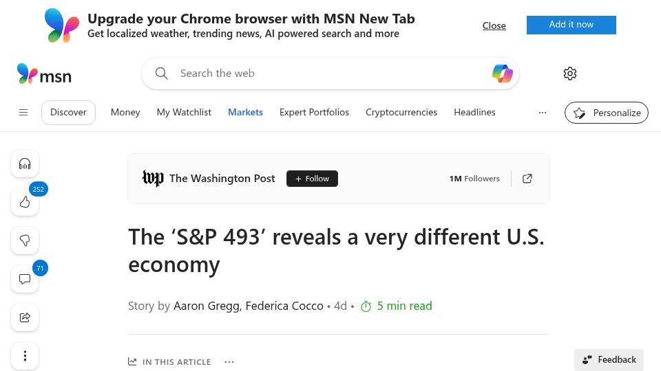 Screenshot of msn.com: The 'S&P 493' reveals a different U.S. economy