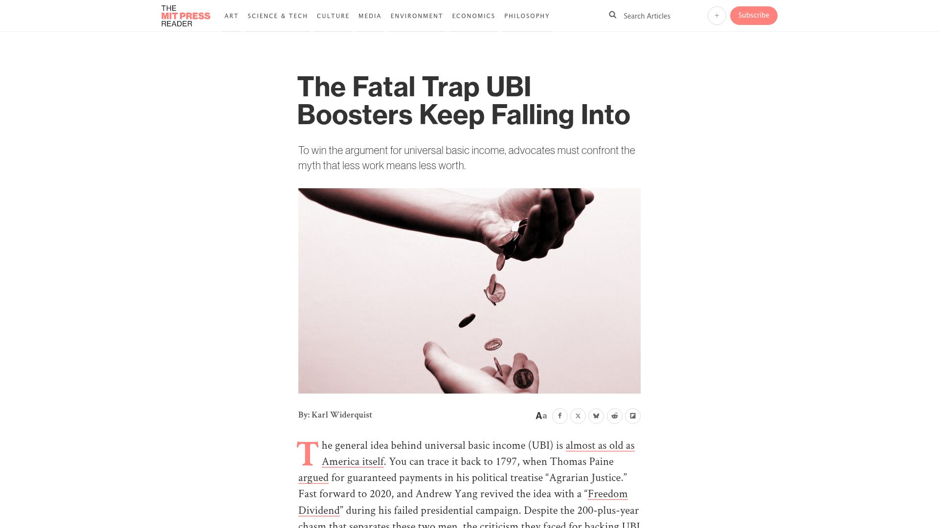 Screenshot of thereader.mitpress.mit.edu: The Fatal Trap UBI Boosters Keep Falling Into