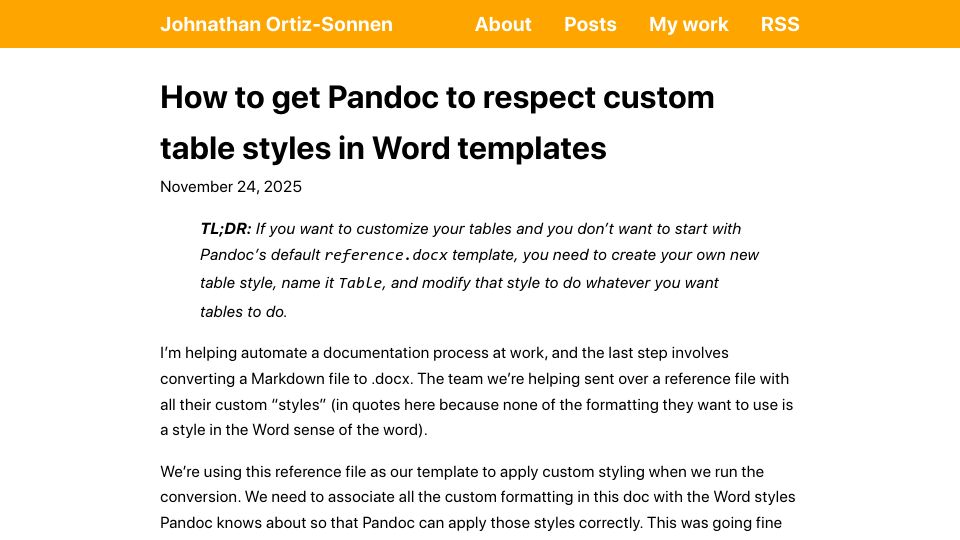 Screenshot of johnathandos.com: How to get Pandoc to respect custom table styles in Word templates