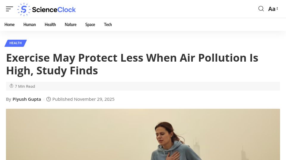Screenshot of scienceclock.com: High air pollution could diminish exercise benefits by half – study
