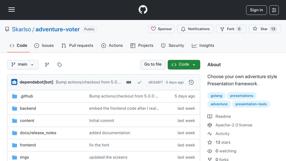 Screenshot of github.com: Show HN: Choose your own adventure style Presentation